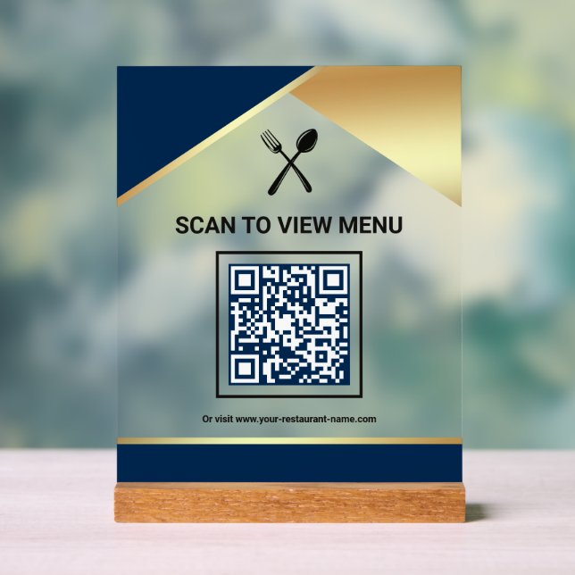 Navy Blue Gold Restaurant Digitaler QR-Code-Menü Acrylschild (Neutral)