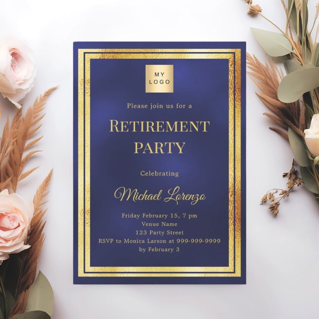 Navy blue gold retirement party business logo einladung (Von Creator hochgeladen)