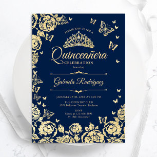 Navy Blue Gold Rose Schmetterlinge Quinceanera Einladung