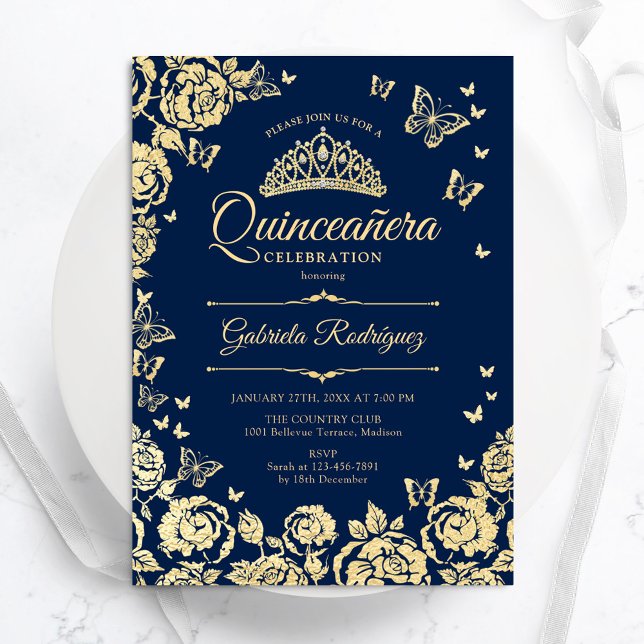 Navy Blue Gold Rose Schmetterlinge Quinceanera Einladung (Von Creator hochgeladen)
