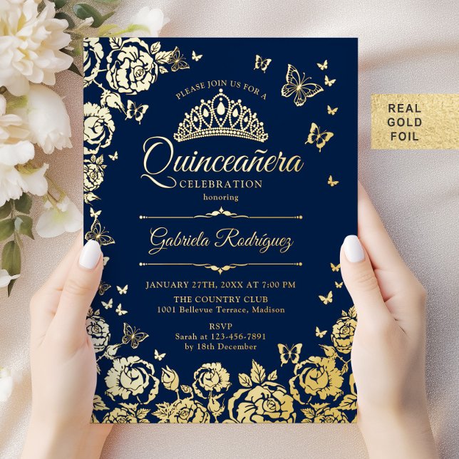 Navy Blue Gold Rose Schmetterlinge Quinceanera Folieneinladung (Von Creator hochgeladen)