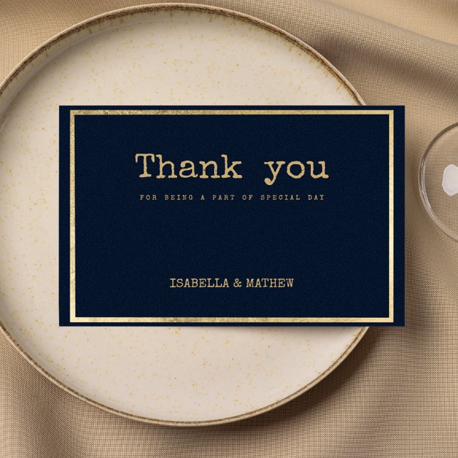 Navy Blue Gold Schreibmaschine Schriftart rustikal Einladung (Navy blue gold typewriter font rustic Thank You)