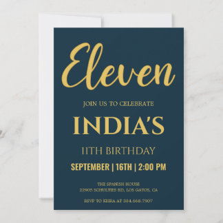 Navy Blue & Gold Script 11. Geburtstag Einladung