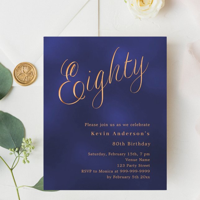 Navy Blue Gold Script Einladung zum 80. Geburtstag (Von Creator hochgeladen)
