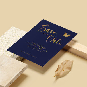Navy Blue & Gold Script: Glitzer Butterfly Wedding Save The Date
