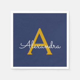 Navy Blue Gold Script Monogram Name Modern Serviette