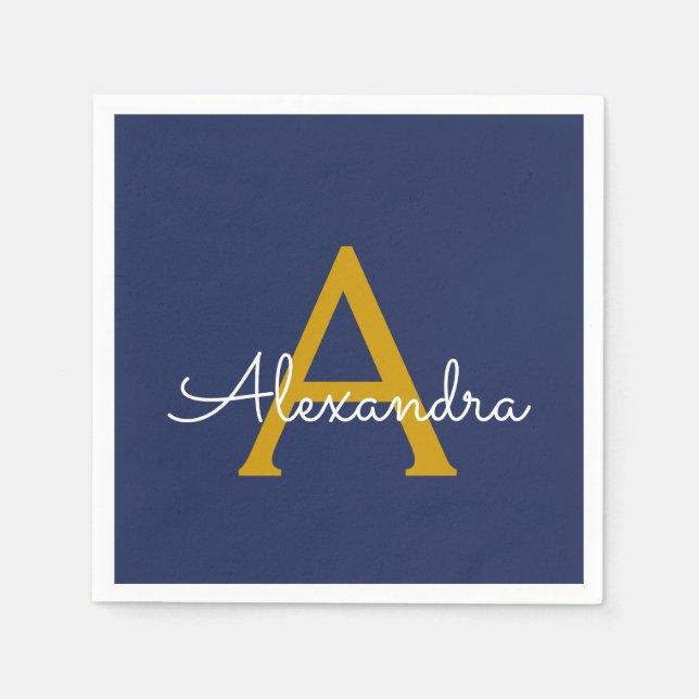 Navy Blue Gold Script Monogram Name Modern Serviette (Vorderseite)