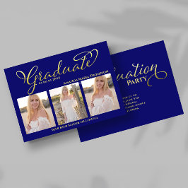 Navy Blue Gold Script Photo Collage Graduation Einladung