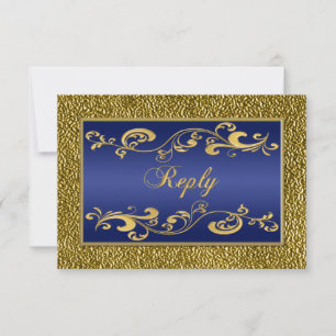 Navy Blue, Gold Scrolled Repcard RSVP Karte