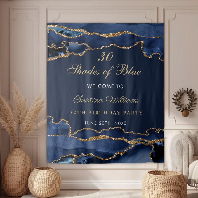 Navy Blue & Gold Shades of Blue Birthday Backdrop Wandteppich (Elegant Navy Blue & Gold Shades of Blue Birthday party Backdrop)