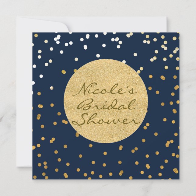 Navy Blue & Gold Shiny Confetti Dots Moderner Chic Einladung (Vorderseite)