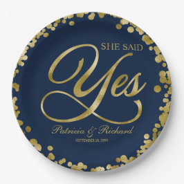 Navy Blue Gold Sie sagte Yes Engagement Party Pappteller