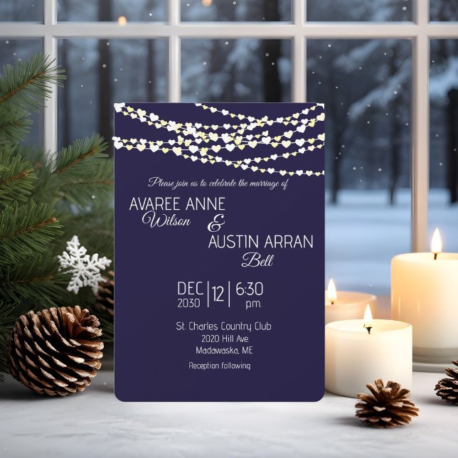 Navy Blue Gold Silver Heart String Lights Einladung (Von Creator hochgeladen)