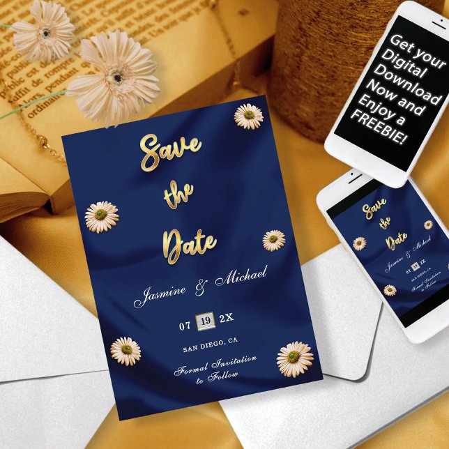 Navy Blue Gold Silver Ivory Beige Blumenhochzeit Save The Date (Von Creator hochgeladen)