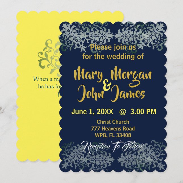 Navy Blue Gold Silver Yellow Wedding Einladung (Vorne/Hinten)