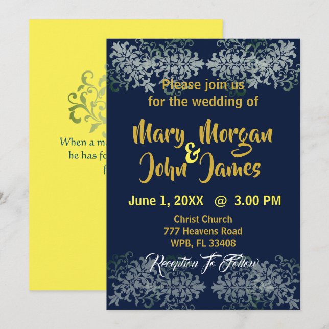 Navy Blue Gold Silver Yellow Wedding Einladung (Vorne/Hinten)