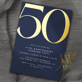 Navy Blue & Gold | Simple Modern 50th Birthday Folieneinladung