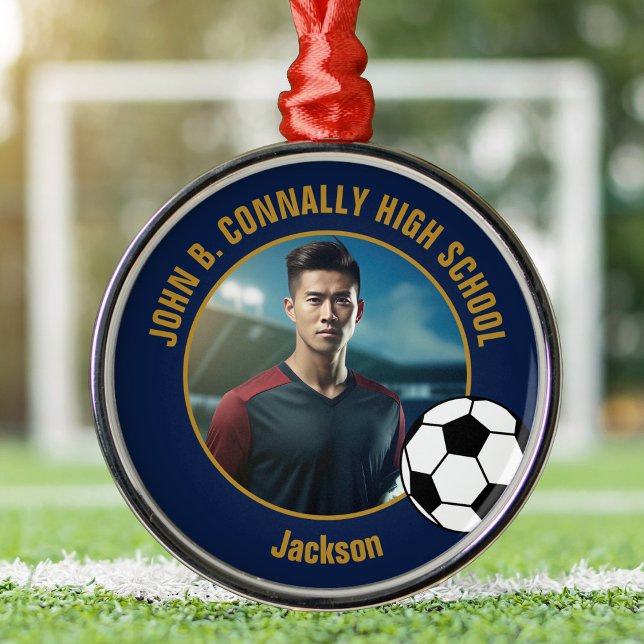 Navy Blue Gold Soccer Player Photo Christmas Ornament Aus Metall (Von Creator hochgeladen)