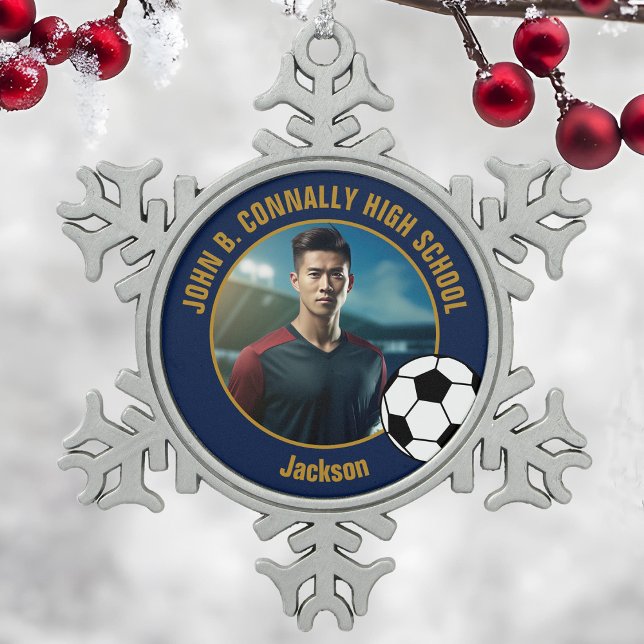 Navy Blue Gold Soccer Player Photo High School Schneeflocken Zinn-Ornament (Von Creator hochgeladen)