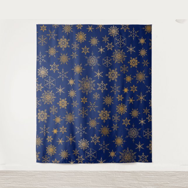 Navy Blue & Gold Sowflake Selfie Foto Hintergrund Wandteppich (Vorderseite)