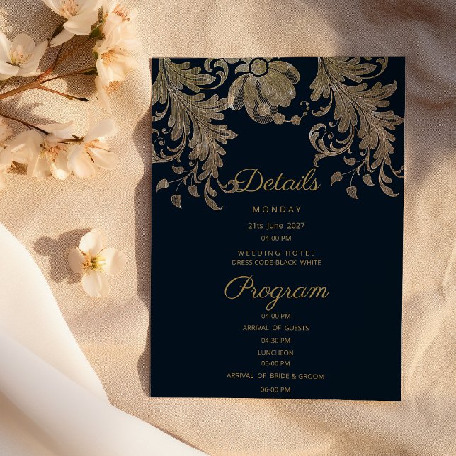 Navy-Blue-Gold-Spitzen-Luxus-Details-Programm Einladung (Navy blue gold lace floral luxury Details Program)