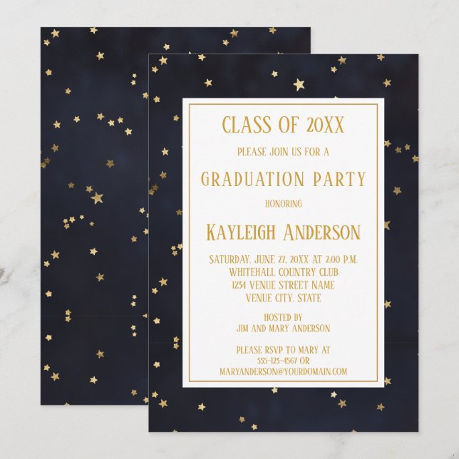 Navy Blue Gold Star Confetti Graduation Party Einladung (Vorne/Hinten)
