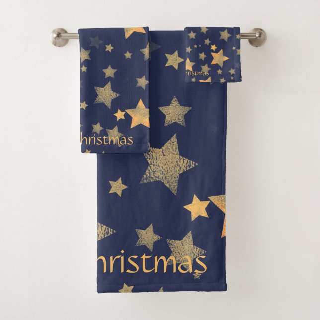 Navy Blue Gold Star Muster Elegante Weihnachten Badhandtuch Set (Insitu)