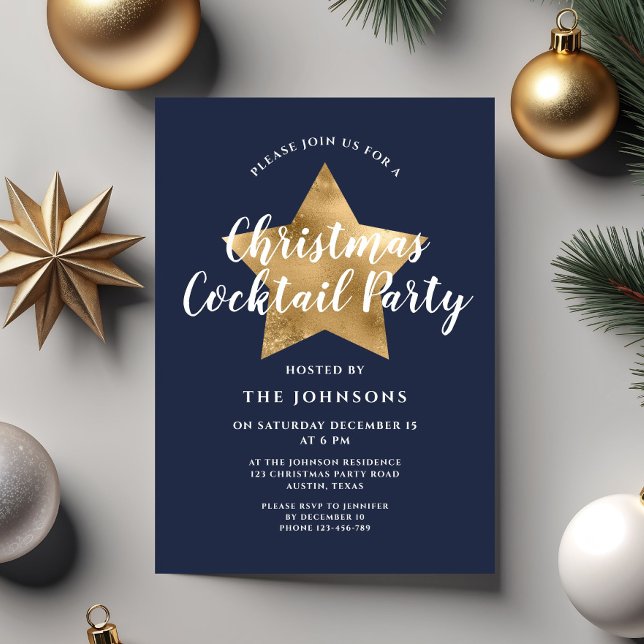 Navy Blue Gold Star Weihnachtscocktail Party Einladung (Navy Blue Gold Star Christmas Cocktail Party Invitation)