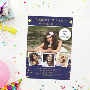 Navy Blue Gold Stars Foto Graduation Party Einladung