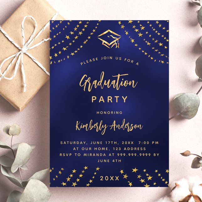 Navy Blue Gold Stars Graduierungsparty im modernen Einladungspostkarte (Von Creator hochgeladen)