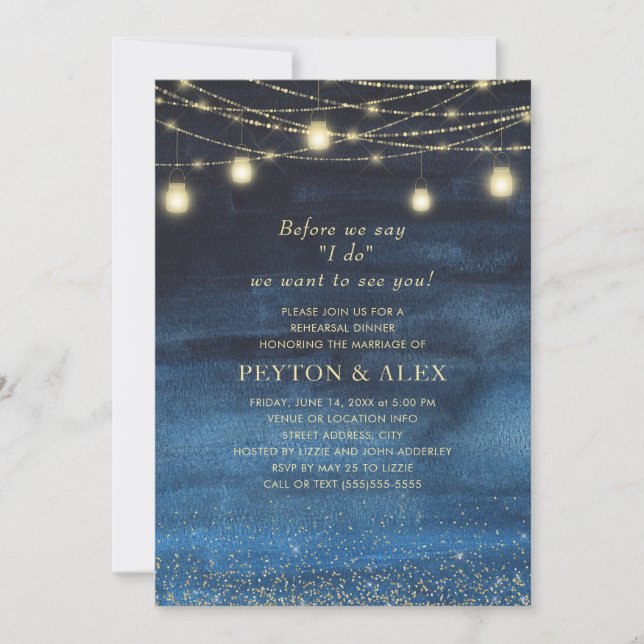 Navy Blue Gold String Licht Vorher-Ich-Tu- Probe Einladung (Vorderseite)