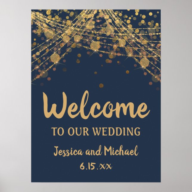 Navy Blue Gold String Lights Bokeh Wedding Willkom Poster (Vorne)