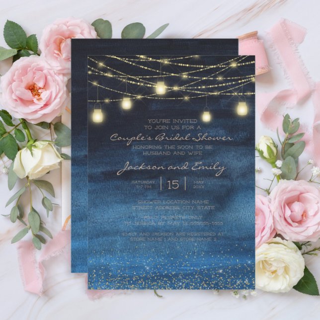 Navy Blue Gold String Lights Couple's Bridal Einladung (Navy blue and gold string lights couples bridal shower invitation)