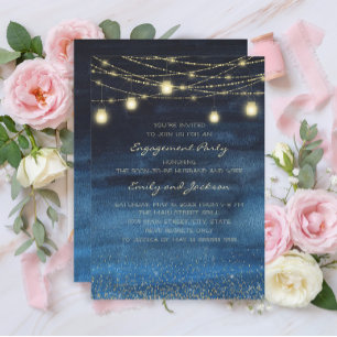 Navy Blue Gold String Lights Engagement Party Einladung
