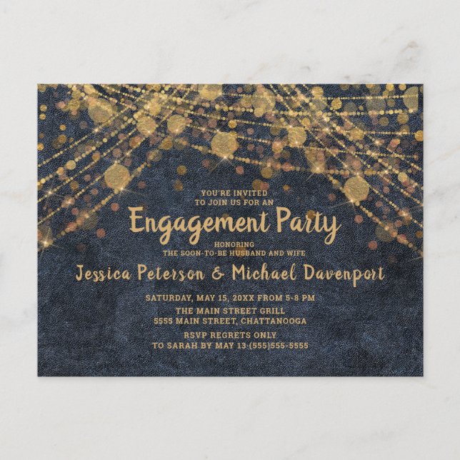 Navy Blue Gold String Lights Engagement Party Postkarte (Vorderseite)