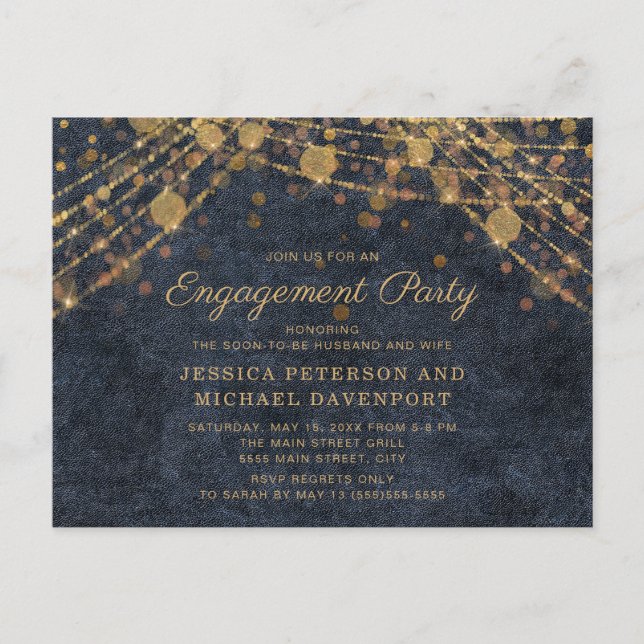 Navy Blue Gold String Lights Engagement Party Postkarte (Vorderseite)