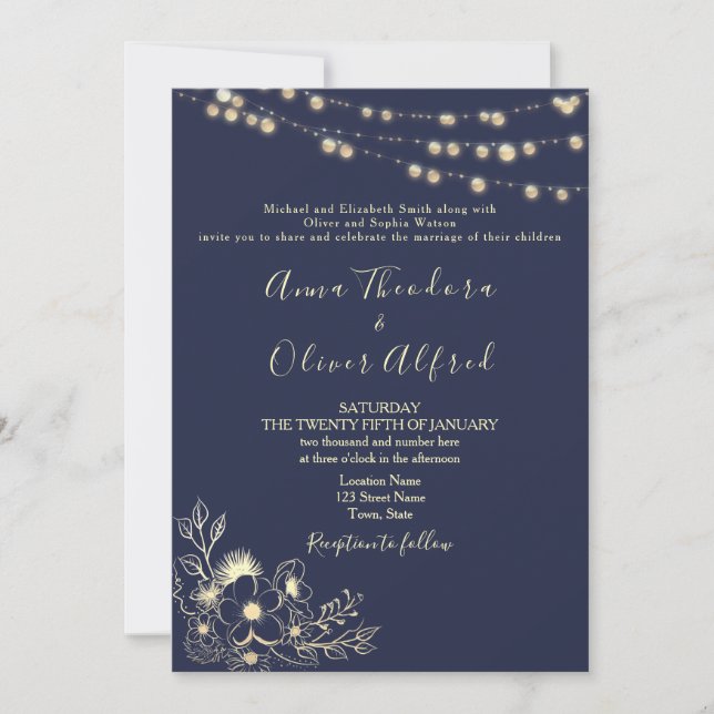 Navy Blue Gold String Lights Hochzeitseinladung Einladung (Vorderseite)