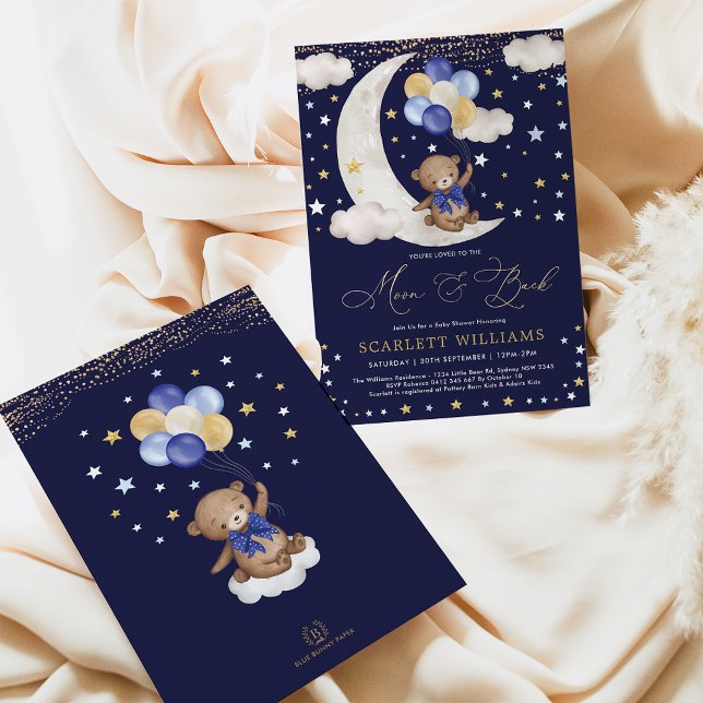 Navy Blue Gold Teddy Bear Moon & Back Baby Shower Einladung (Von Creator hochgeladen)