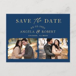 Navy Blue Gold Trendy 2 Foto Save the Date Postkarte