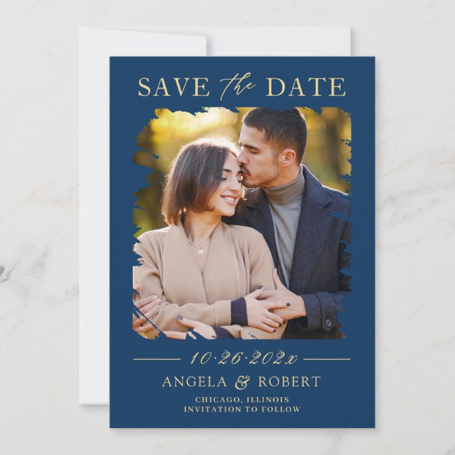 Navy Blue Gold Typografie Abstrakter Foto Save The Date (Vorderseite)