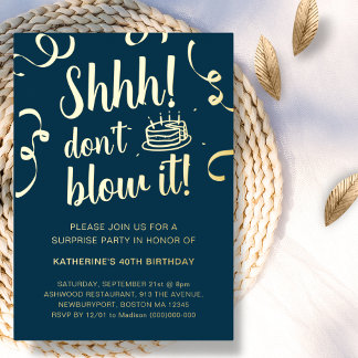 Navy Blue & Gold Überraschung Geburtstag nicht bla Folieneinladung