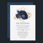 Navy Blue & Gold Vintag Shabby Rose Bat Mitzvah Einladung<br><div class="desc">Chic Vintage Marine und weiße Rosen Fledermäuse Mitzvah Einladung mit Akzenten von Gold.</div>