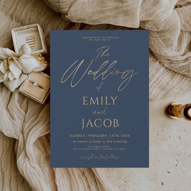 Navy Blue Gold Wedding Modern Typografy Script Einladung (Von Creator hochgeladen)