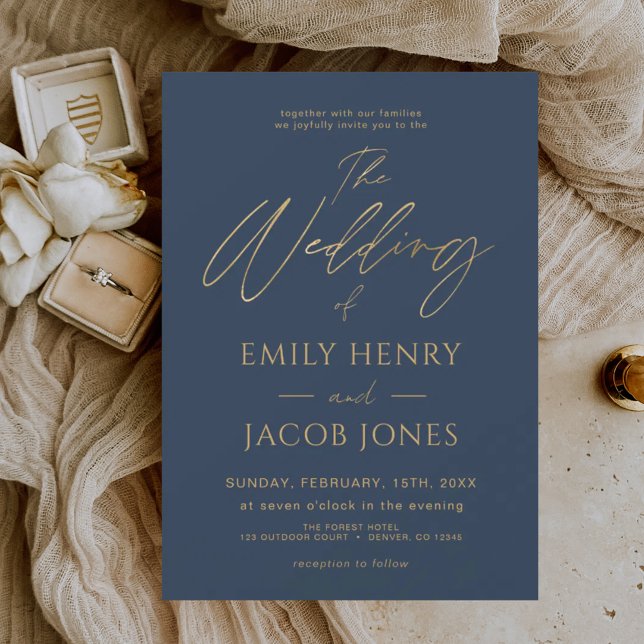 Navy Blue Gold Wedding Modern Typografy Script Einladung (Von Creator hochgeladen)