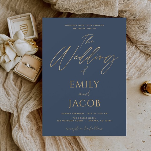 Navy Blue Gold Wedding Modern Typografy Script Einladung (Von Creator hochgeladen)