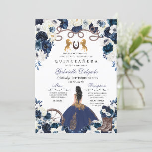 Navy Blue Gold Western Charra Ranchero Quinceanera Einladung