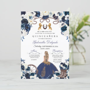 Navy Blue Gold Western Charra Ranchero Quinceanera Einladung