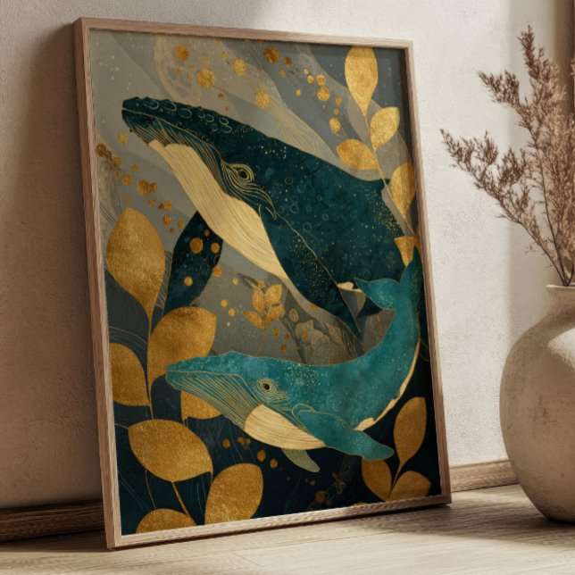 Navy Blue& Gold Whale Illustration Kintsugi Ocean Poster (Von Creator hochgeladen)