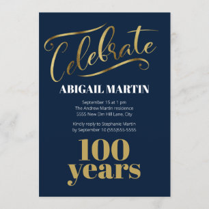 Navy Blue Gold White 100. Geburtstagsparty Einladung