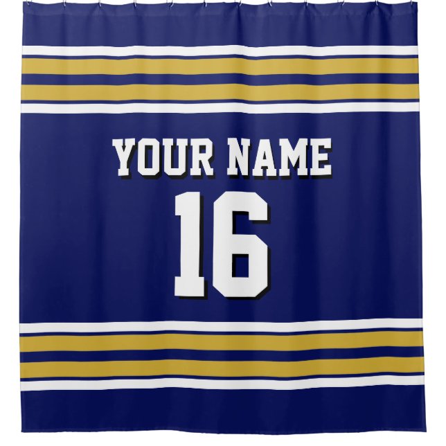 Navy Blue Gold White Stripes Sports Jersey Duschvorhang (Vorderseite)